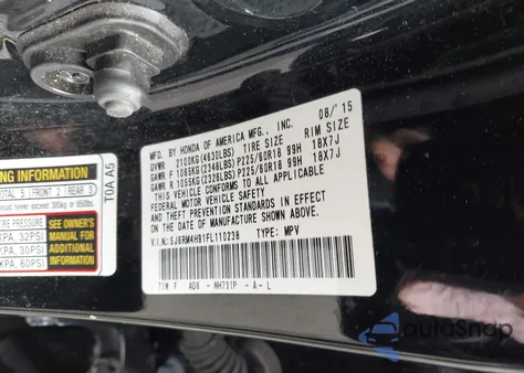 2015 Honda Cr-V Touring z USA, uszkodzony, nr VIN 5J6RM4H91FL110238